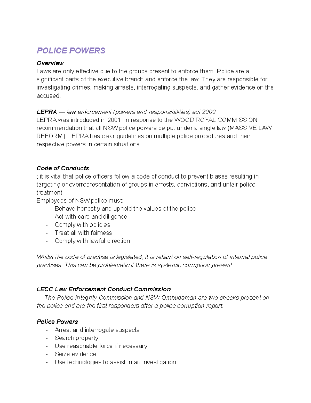 POLICE POWERS Overview: LEPRA & Law Enforcement in NSW - Studocu