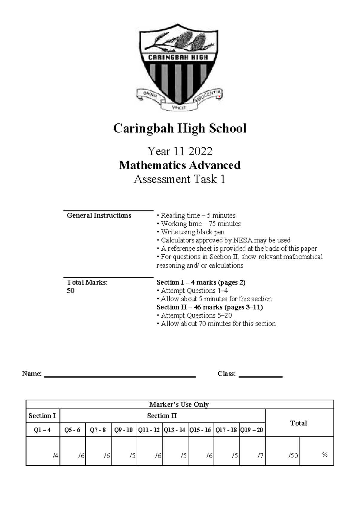 2022 Year 11 Mathematics Advanced AT1 Exam Instructions and Questions ...