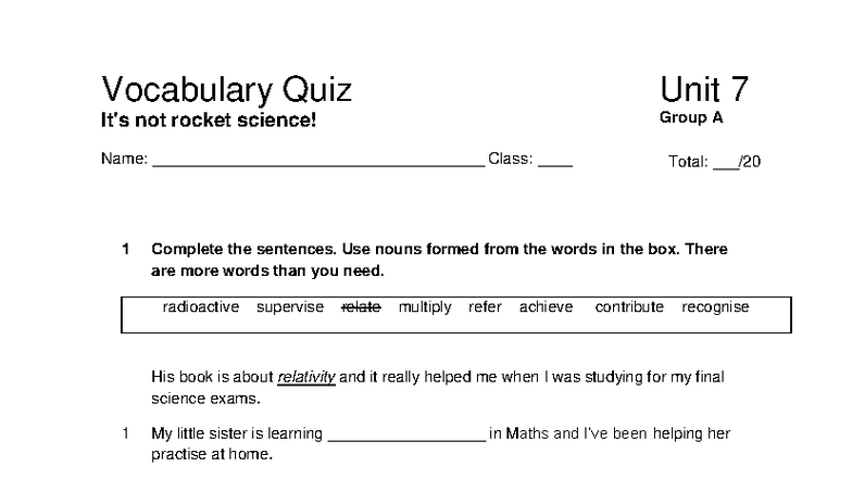 Focus 4 2E Vocabulary Quiz Unit 7 - Group A - Studocu