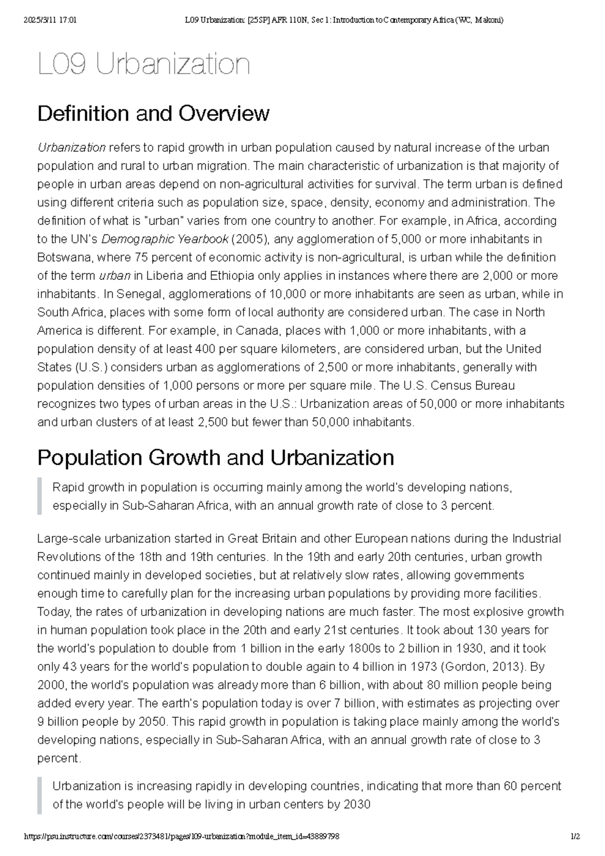 L09 Afr reading - Lesson lectures - L0 9 Urbanization Definition and ...