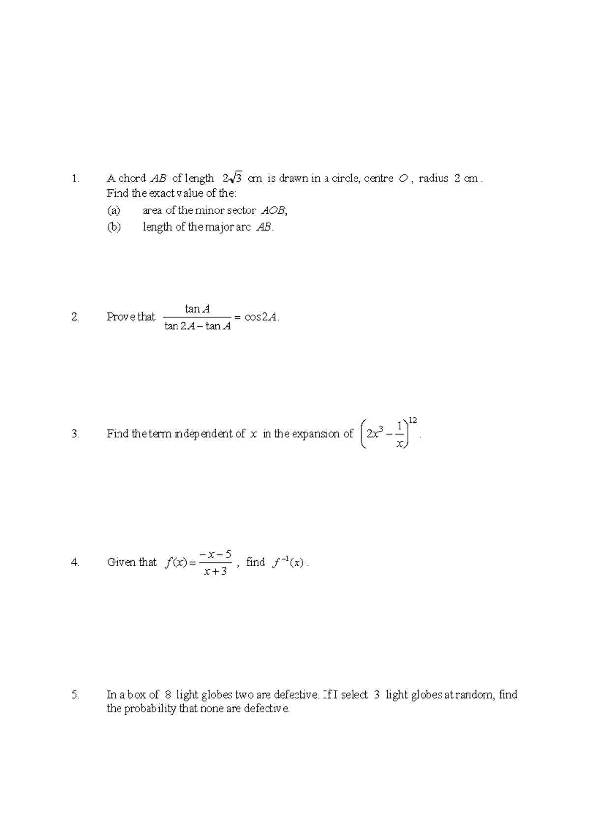 Maths Ext 1 - Practice Questions Worksheet on Key Topics - Studocu