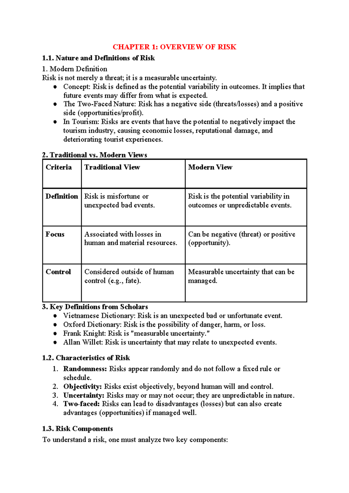 THI QTRR - CHAPTER 1: RISK OVERVIEW AND MANAGEMENT IN TOURISM - Studocu