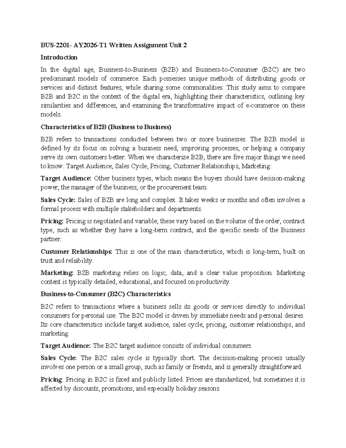 Comparative Analysis of B2B and B2C Models in the Digital Era (Unit 2 ...