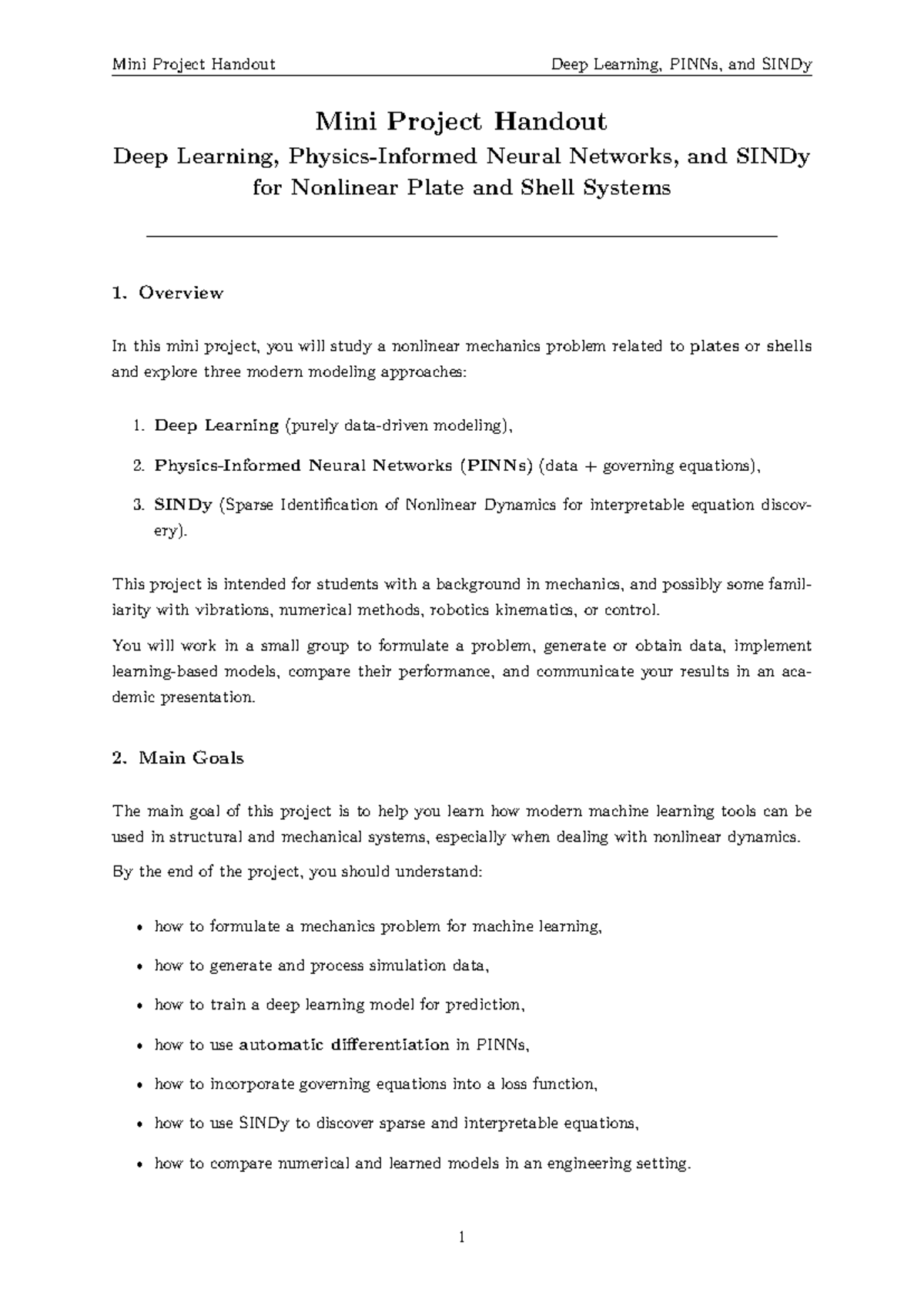 Mini Project Handout: Deep Learning, PINNs, and SINDy for Nonlinear ...