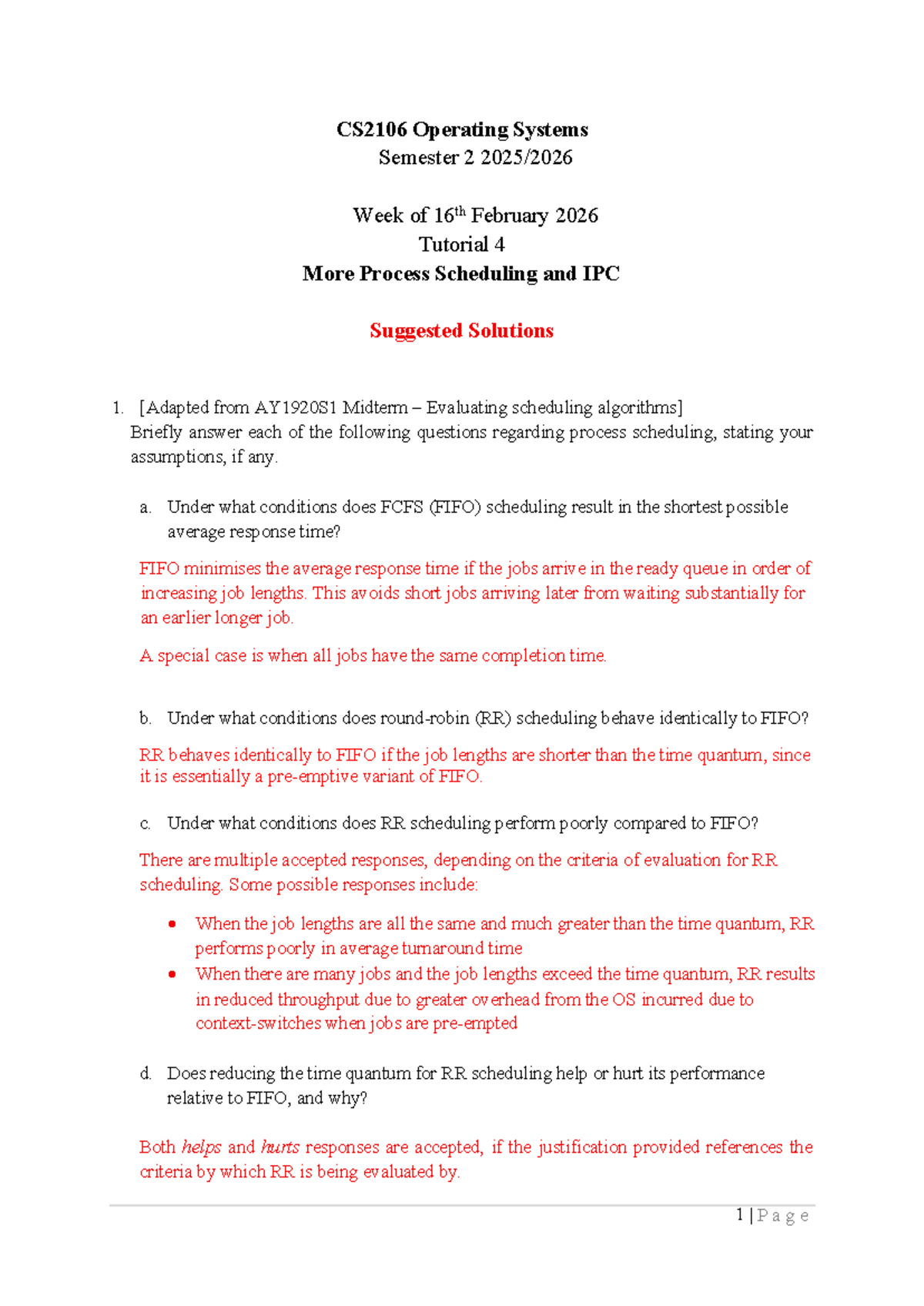 CS2106 Operating Systems Semester 2 Tutorial 4: Process Scheduling ...