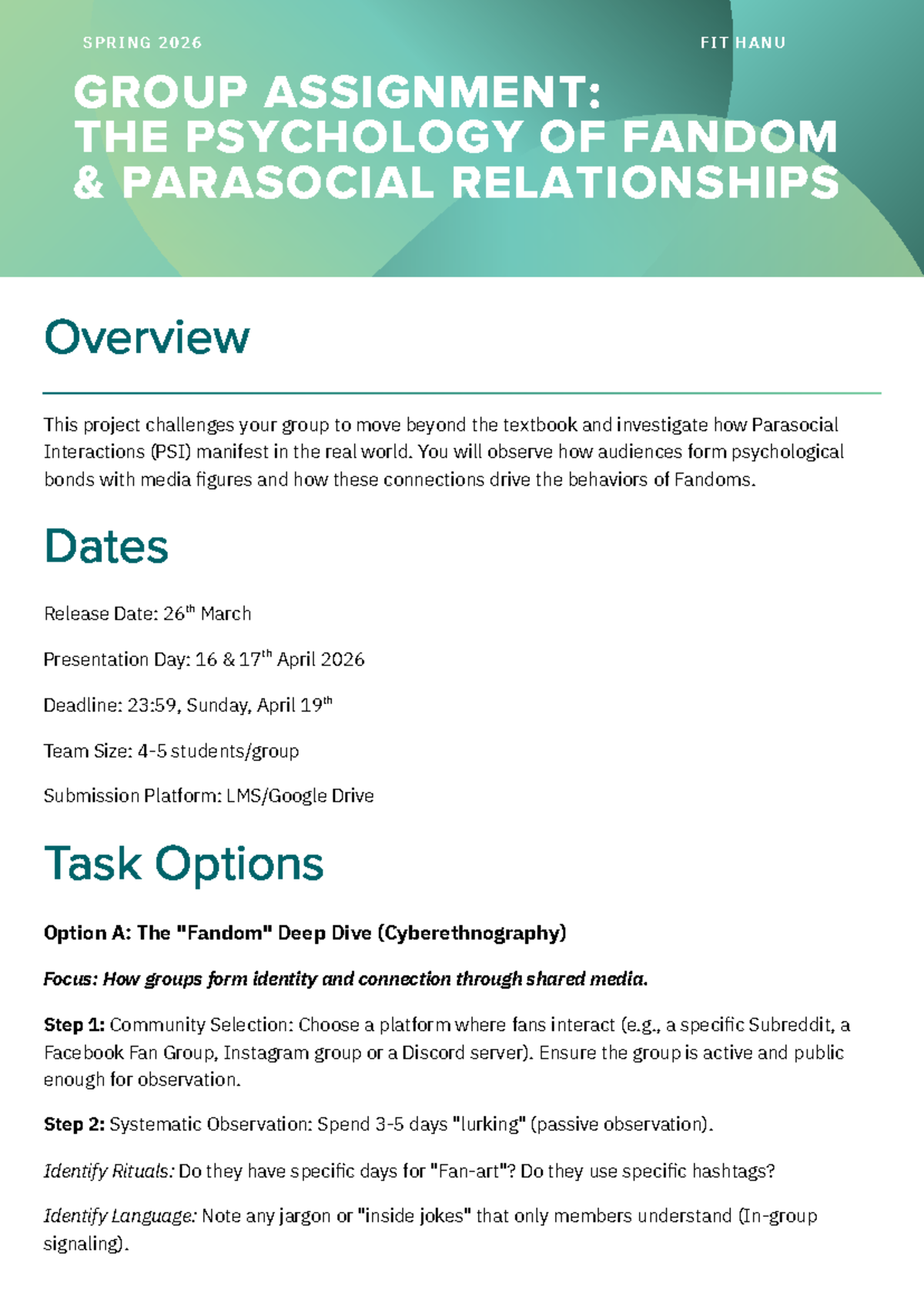 FIT PCO Spring 2026 Group Assignment: Psychology of Fandom & PSI - Studocu