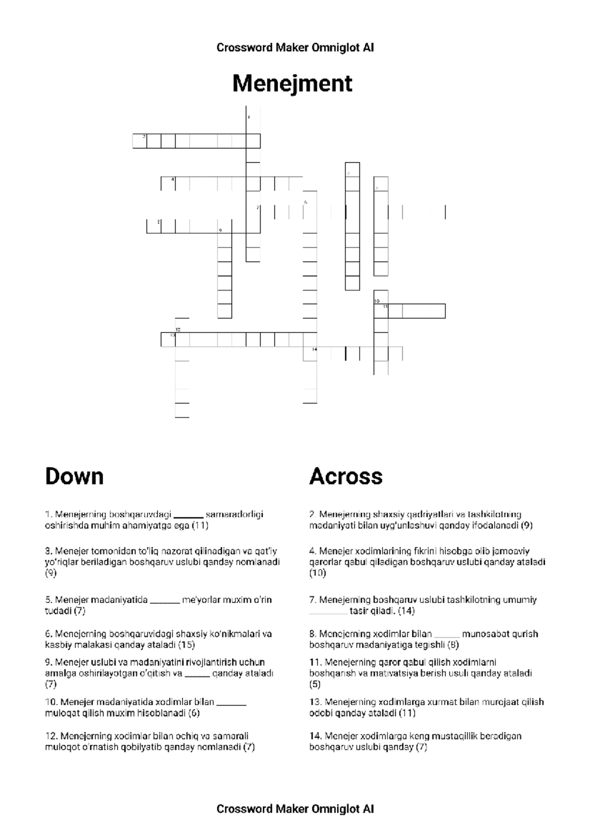 Menejment 1: Crossword Puzzle on Management Concepts - Studocu