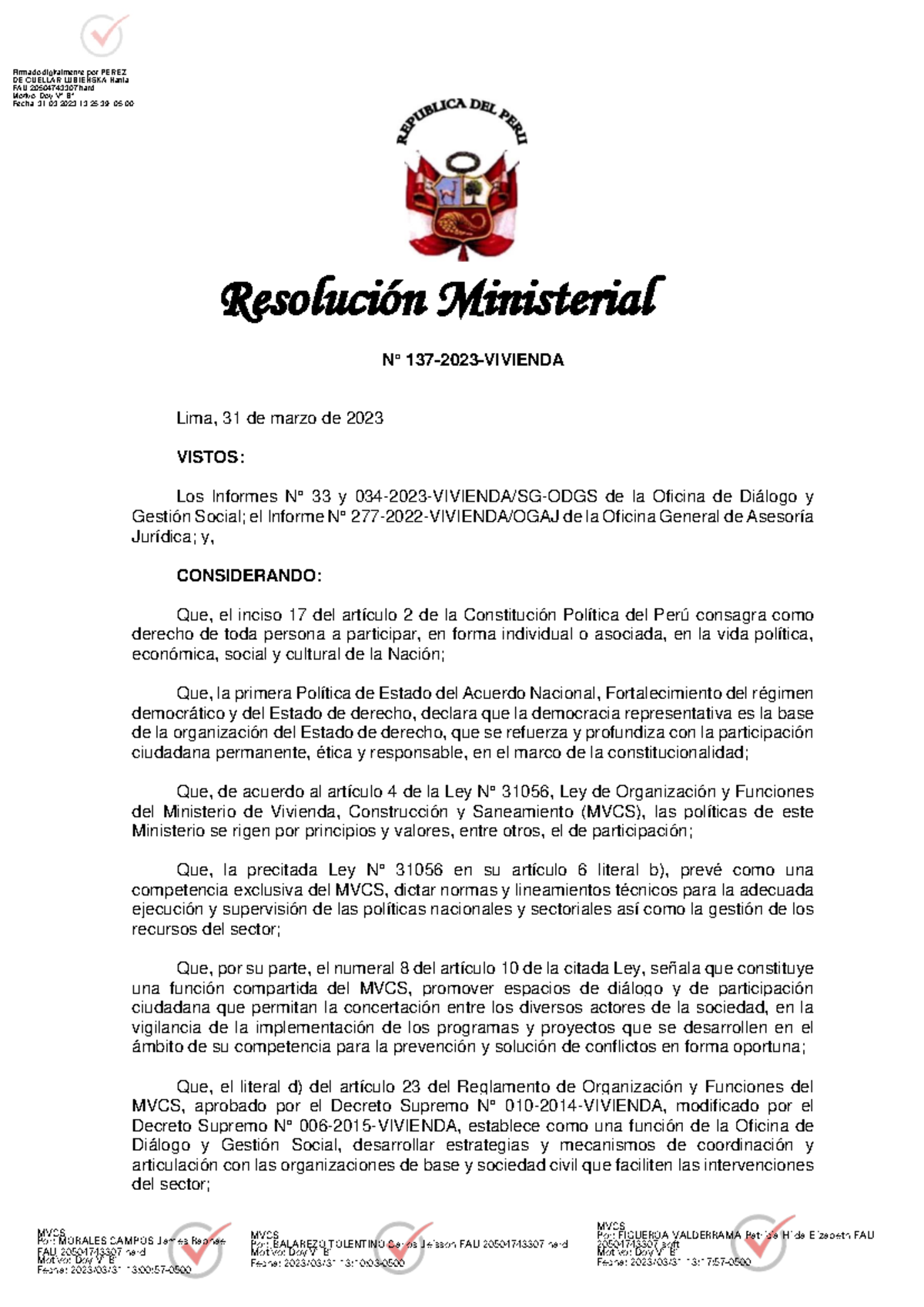 RM 137-2023: Declaración de Interés Sectorial en Vivienda y Participación - Document Preview