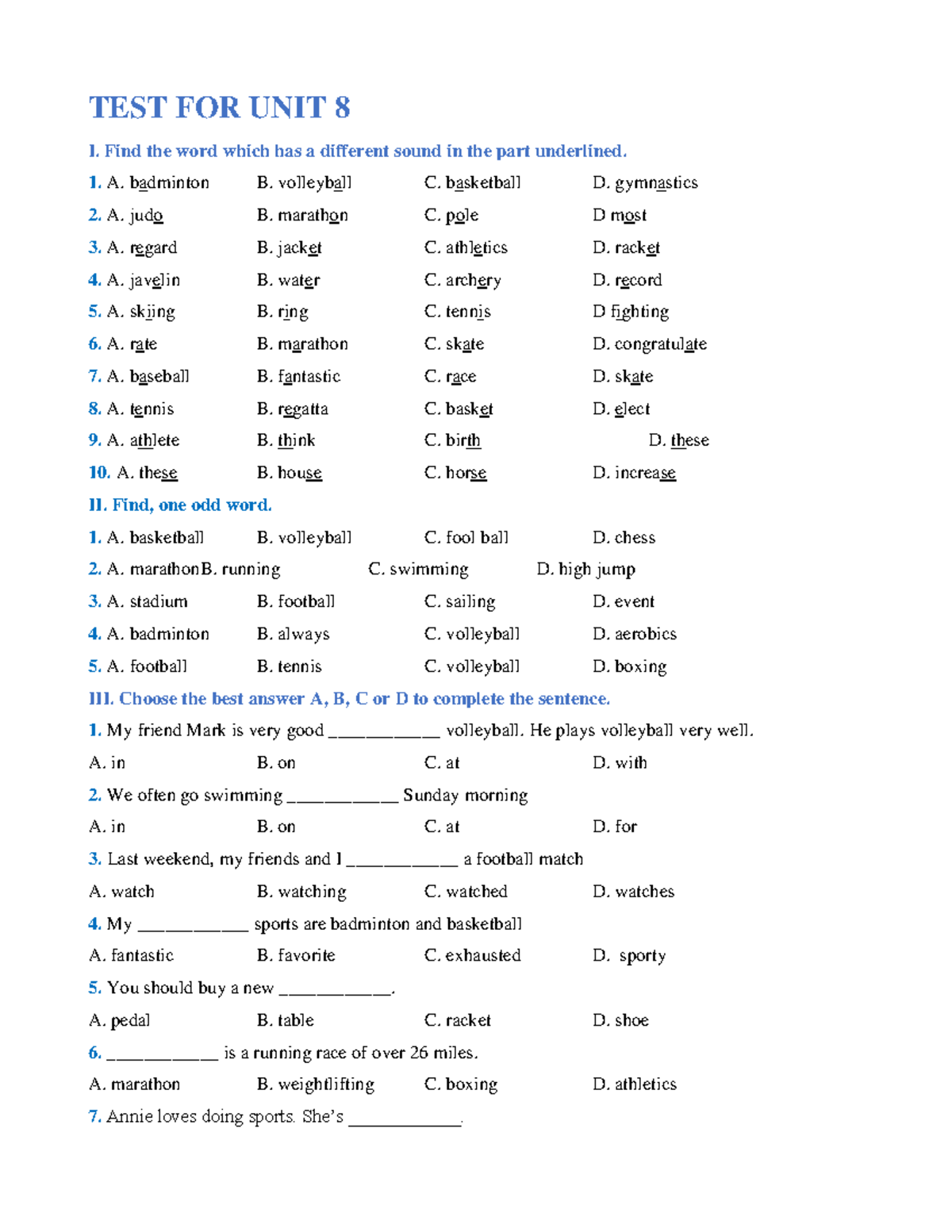 UNIT 8 TEST FOR GRADE 6: VOCABULARY & GRAMMAR EXERCISES - Studocu