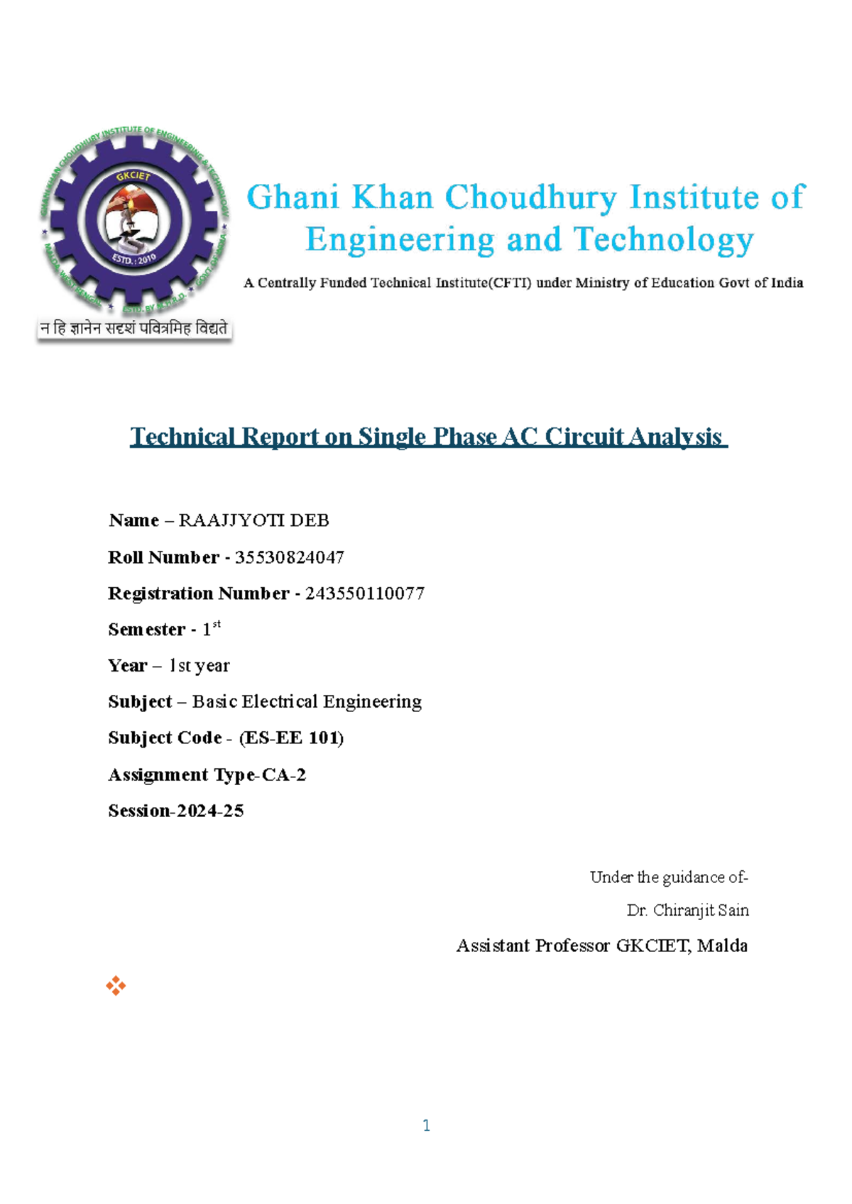 Technical Report on Single Phase AC Circuit Analysis (BEE 101) - Studocu