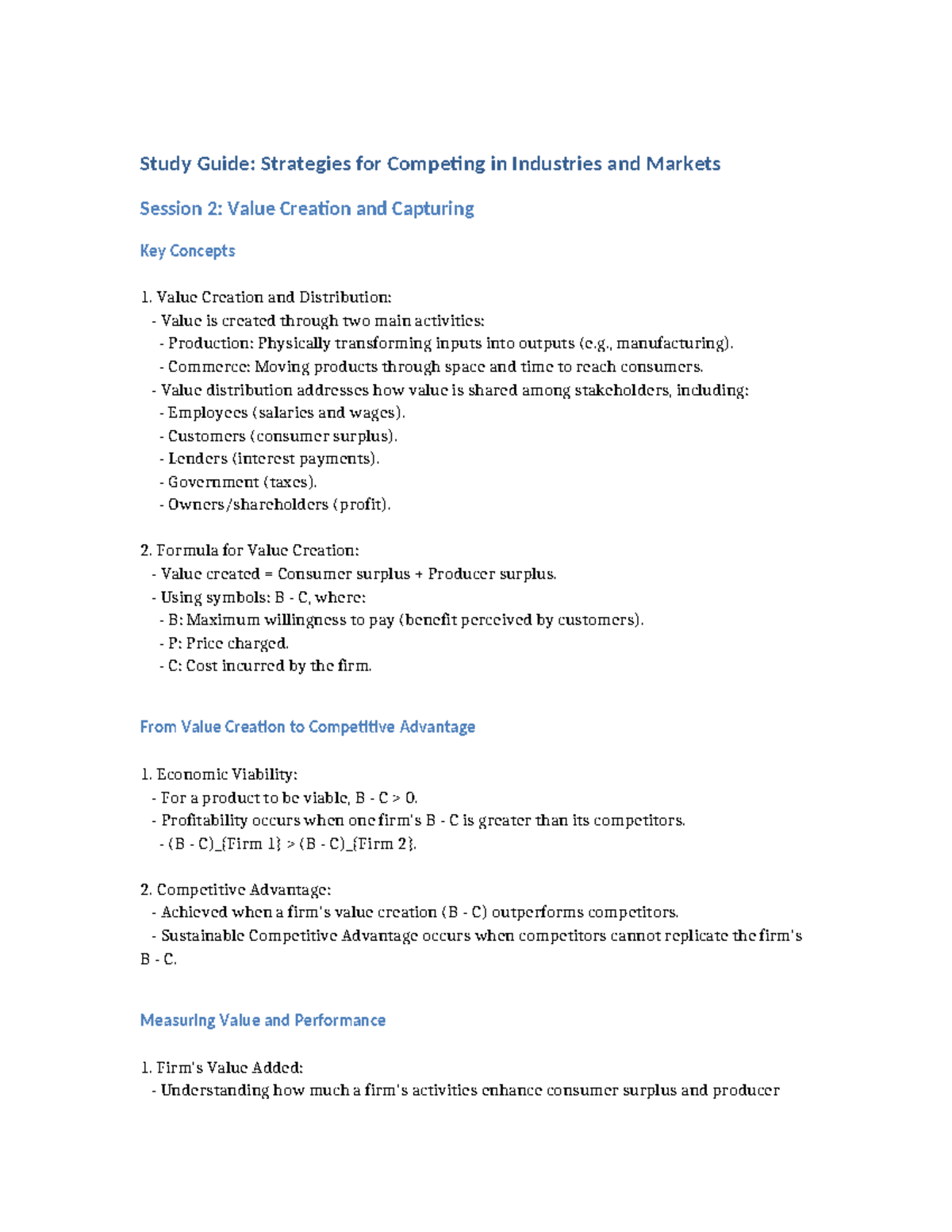 Session 2 Value Creation and Capturing - Study Guide: Strategies for ...