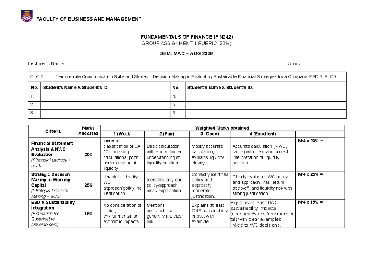 Group Assignment 1 Rubric for FIN242 (20%) - MAC 2026 - Studocu