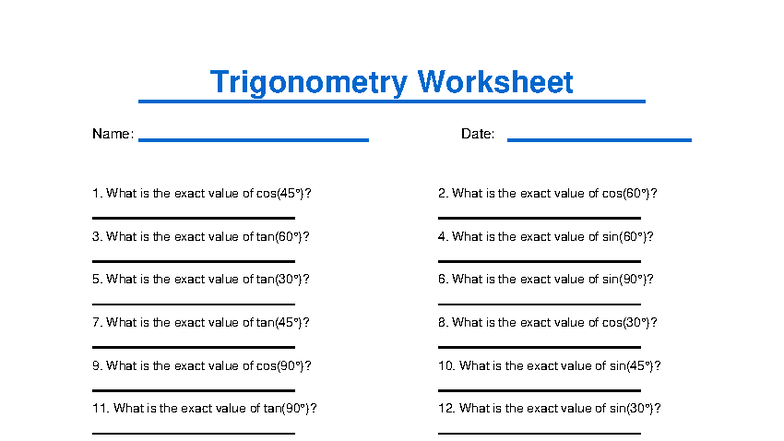 Trigonometry Worksheet 5: Exact Values & Problem Solving - Studocu