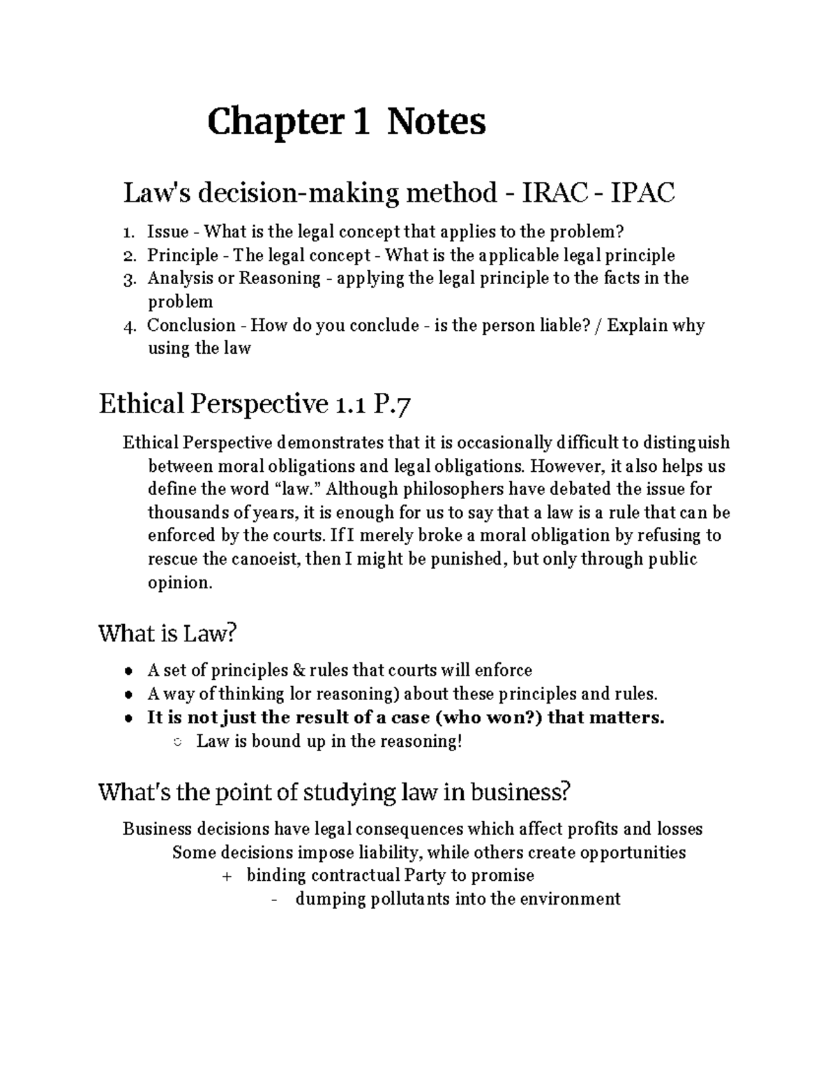 Law 122 - Chapter 1 Notes: Understanding Legal Concepts and Risks - Studocu
