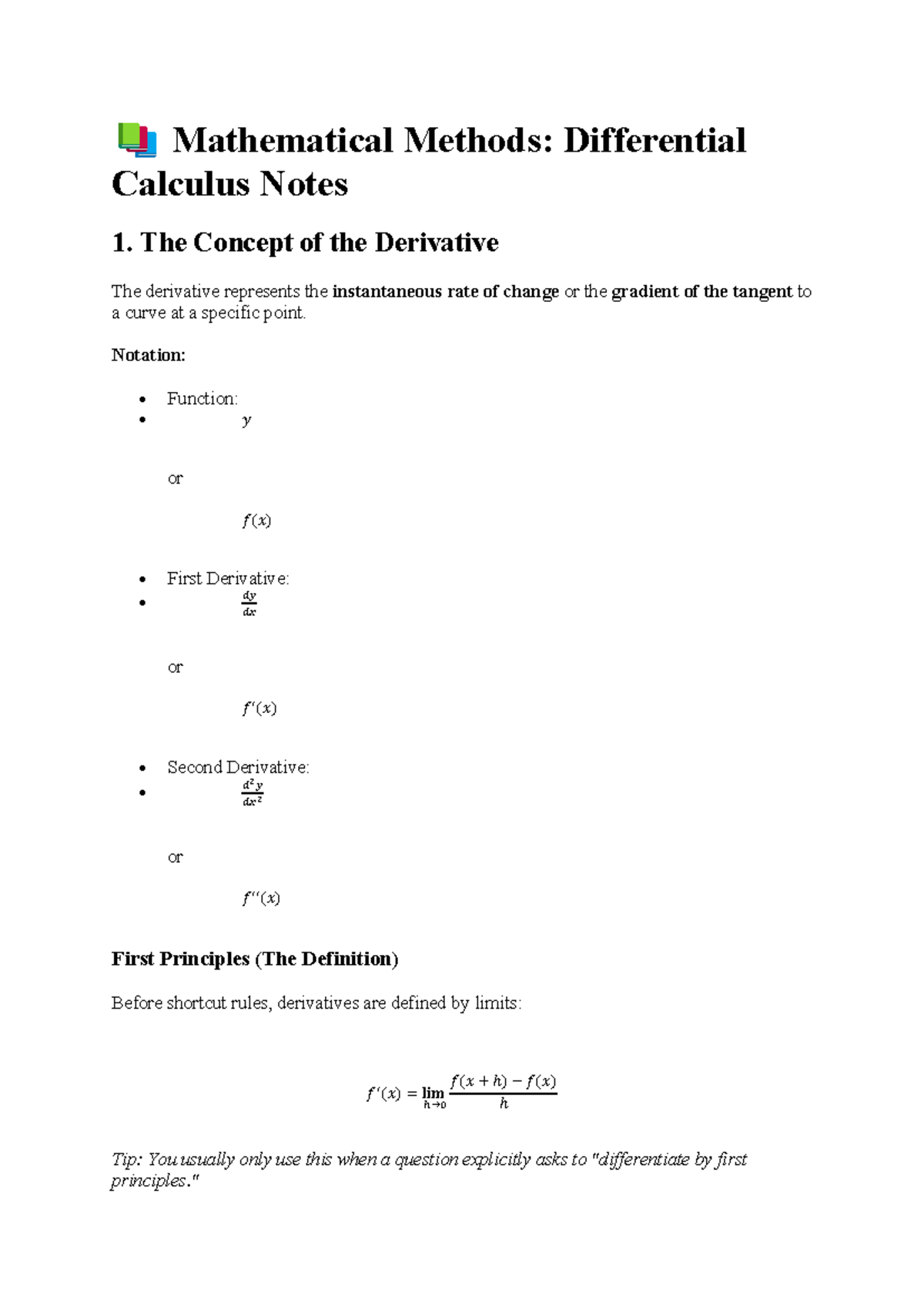 Mathematical Methods: Diff Calc Notes 1 - The Derivative Concept - Studocu
