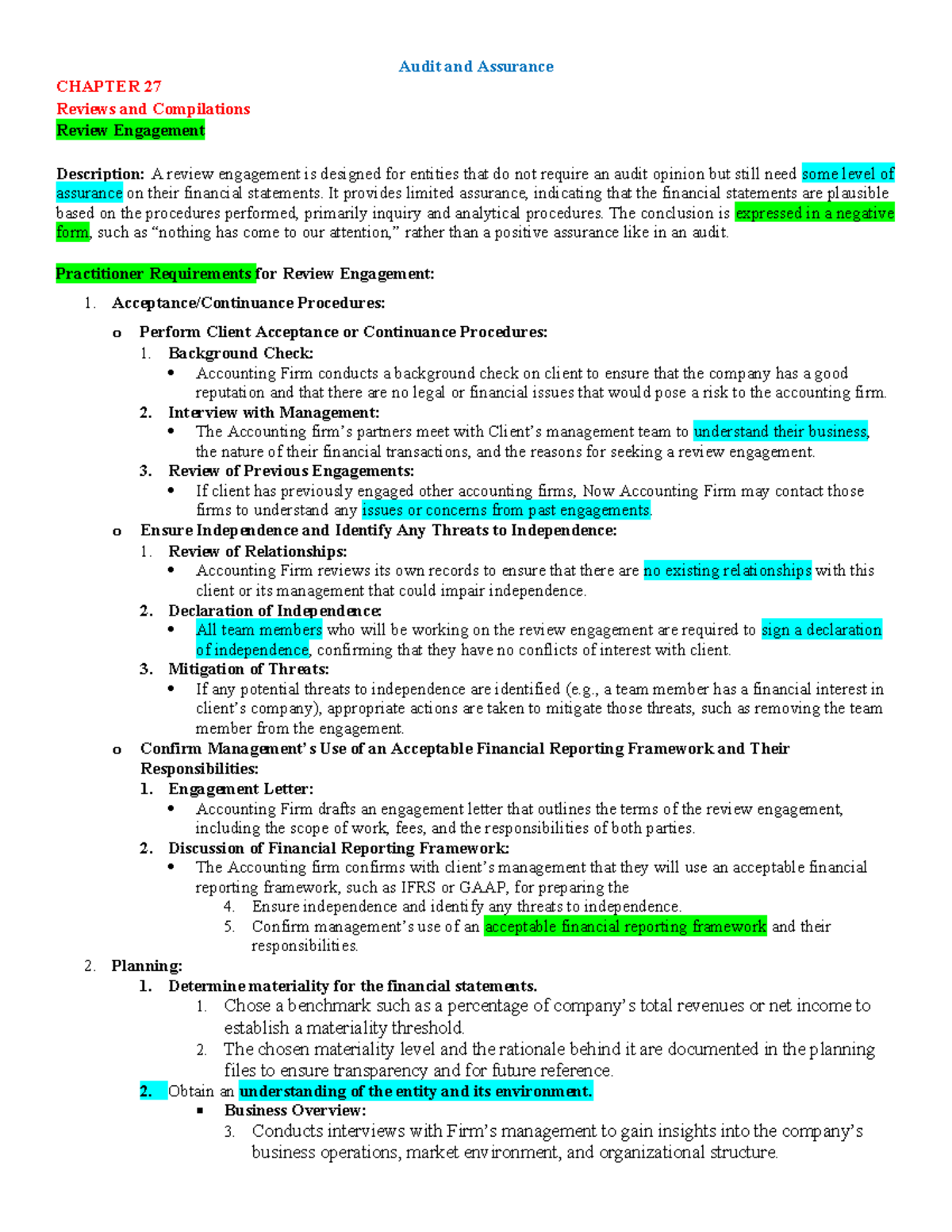 Audit and Assurance CHAPTER 27: Reviews and Compilations Summary Notes ...