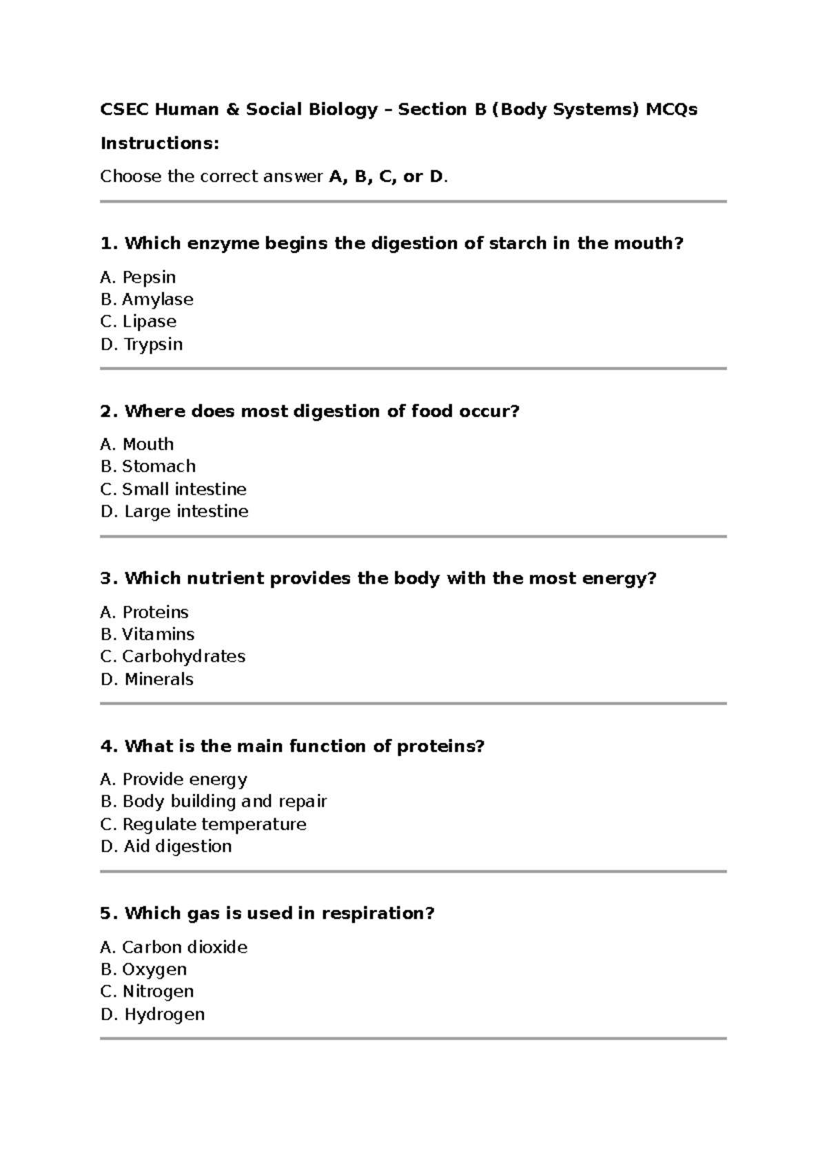 CSEC HSB Section B: Body Systems MCQs with Answer Key - Studocu