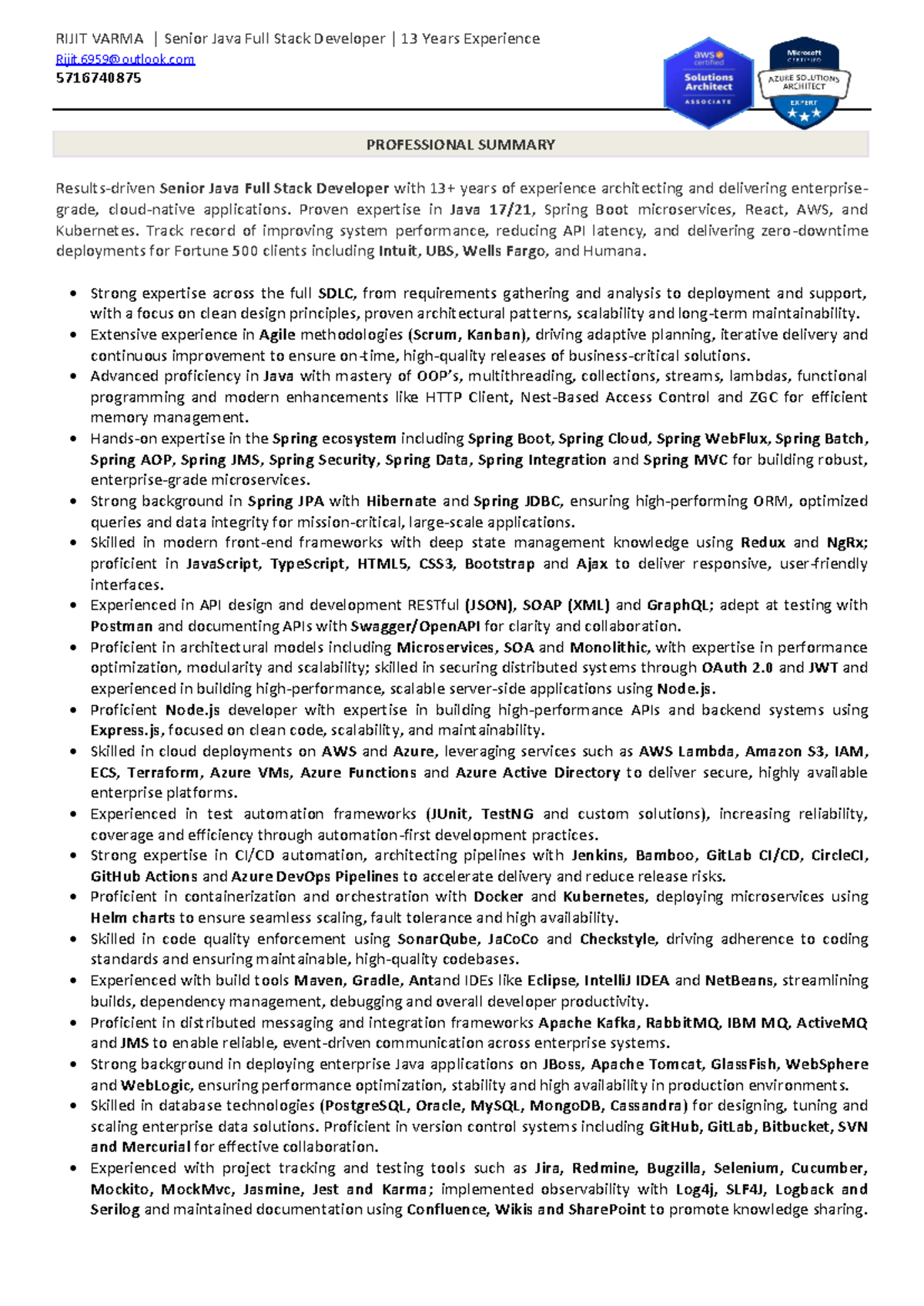Java Full Stack Developer Resume - Rijit Varma (13 Yrs Exp) - Studocu