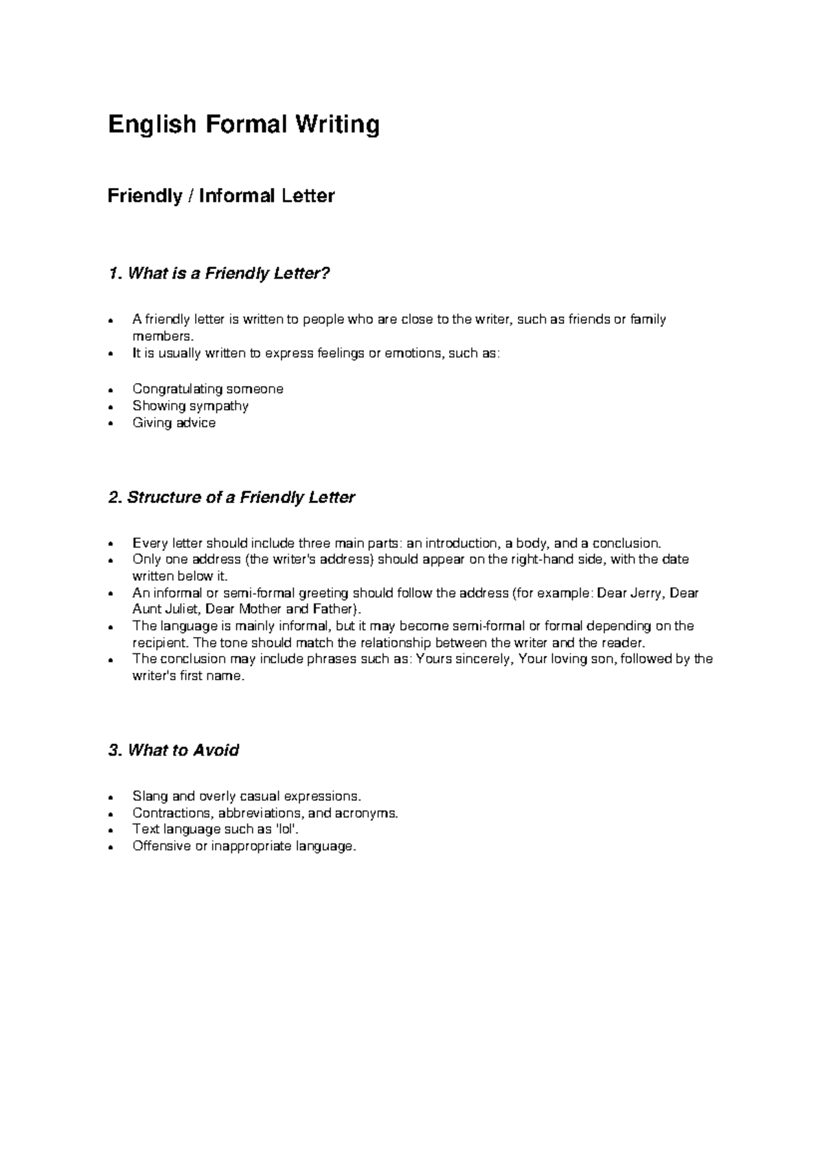 ENG 101: Friendly Informal Letter Writing Notes - Studocu