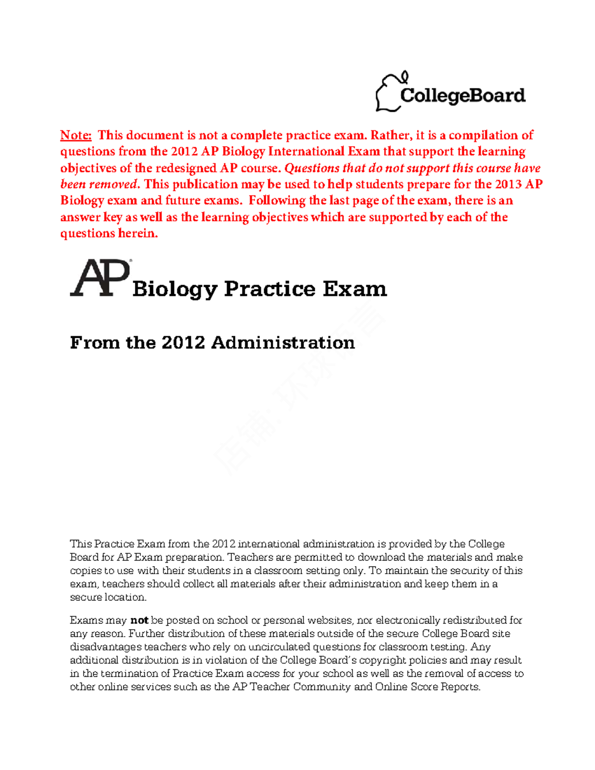 -2012 AP Biology - Biology Practice Exam From the 2012 Administration ...