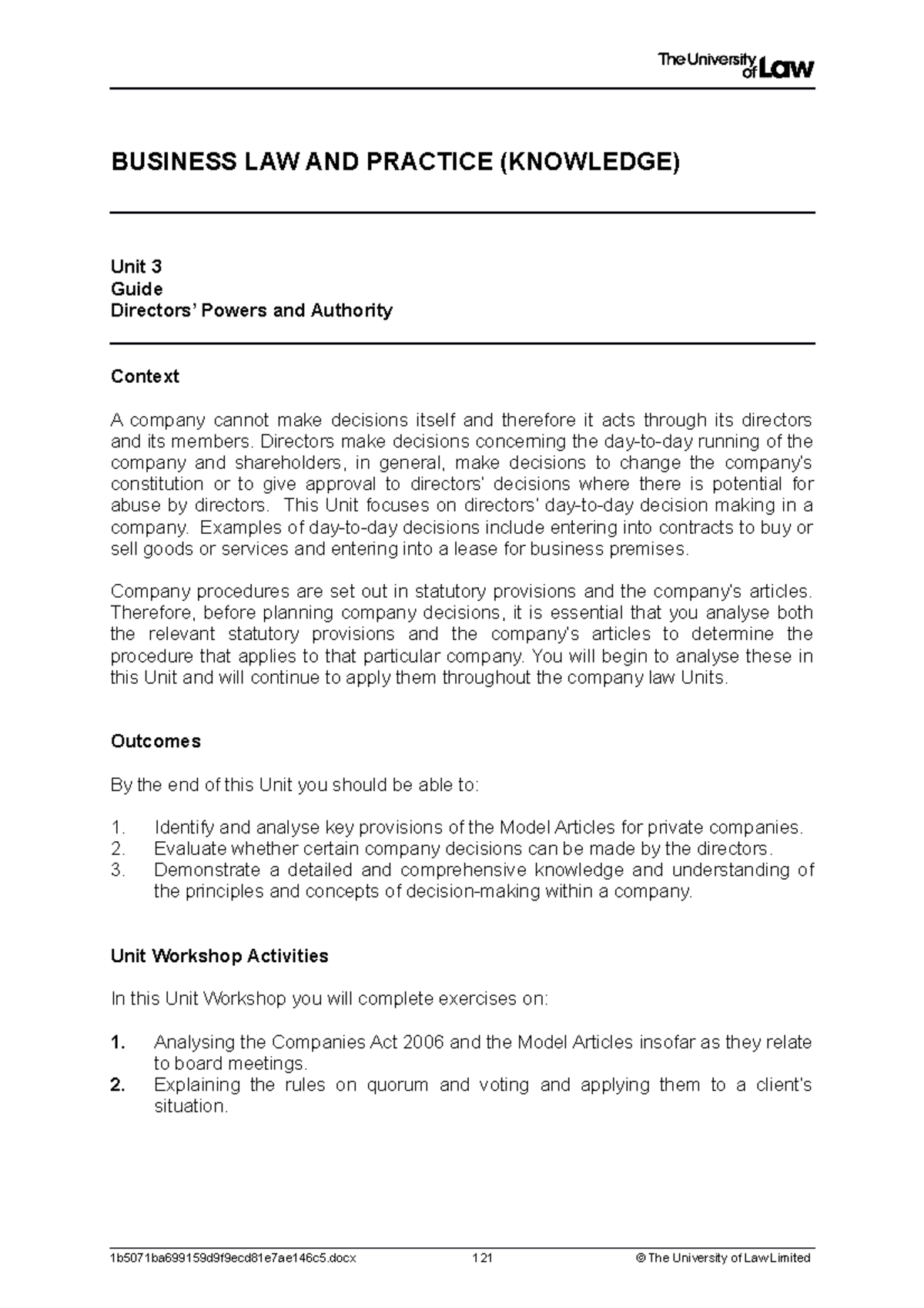 2122 blp ws03 ce01 guide - BUSINESS LAW AND PRACTICE (KNOWLEDGE) Unit 3 ...