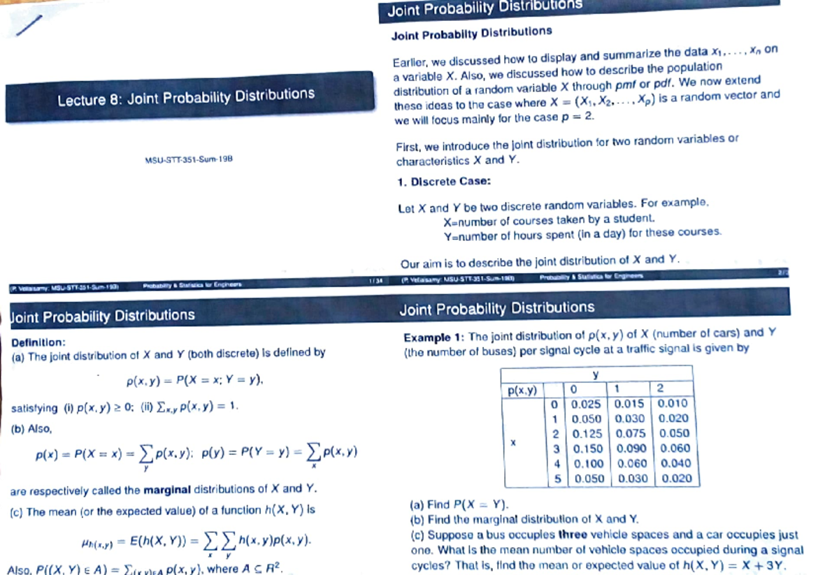 Sma 240 notes-Probability and Statistics - Lecture 8: Joint Probability ...