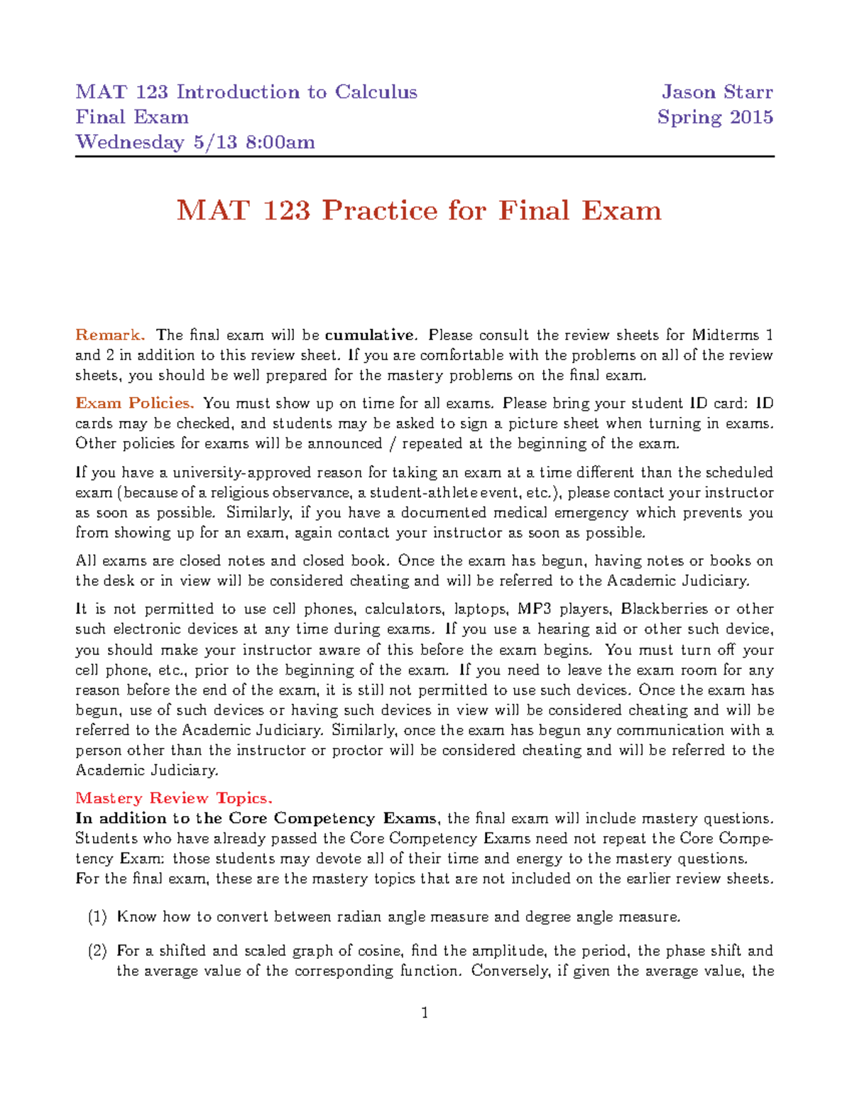 MAT 123 Spring 2015 Final Exam Practice Guide and Review - Studocu