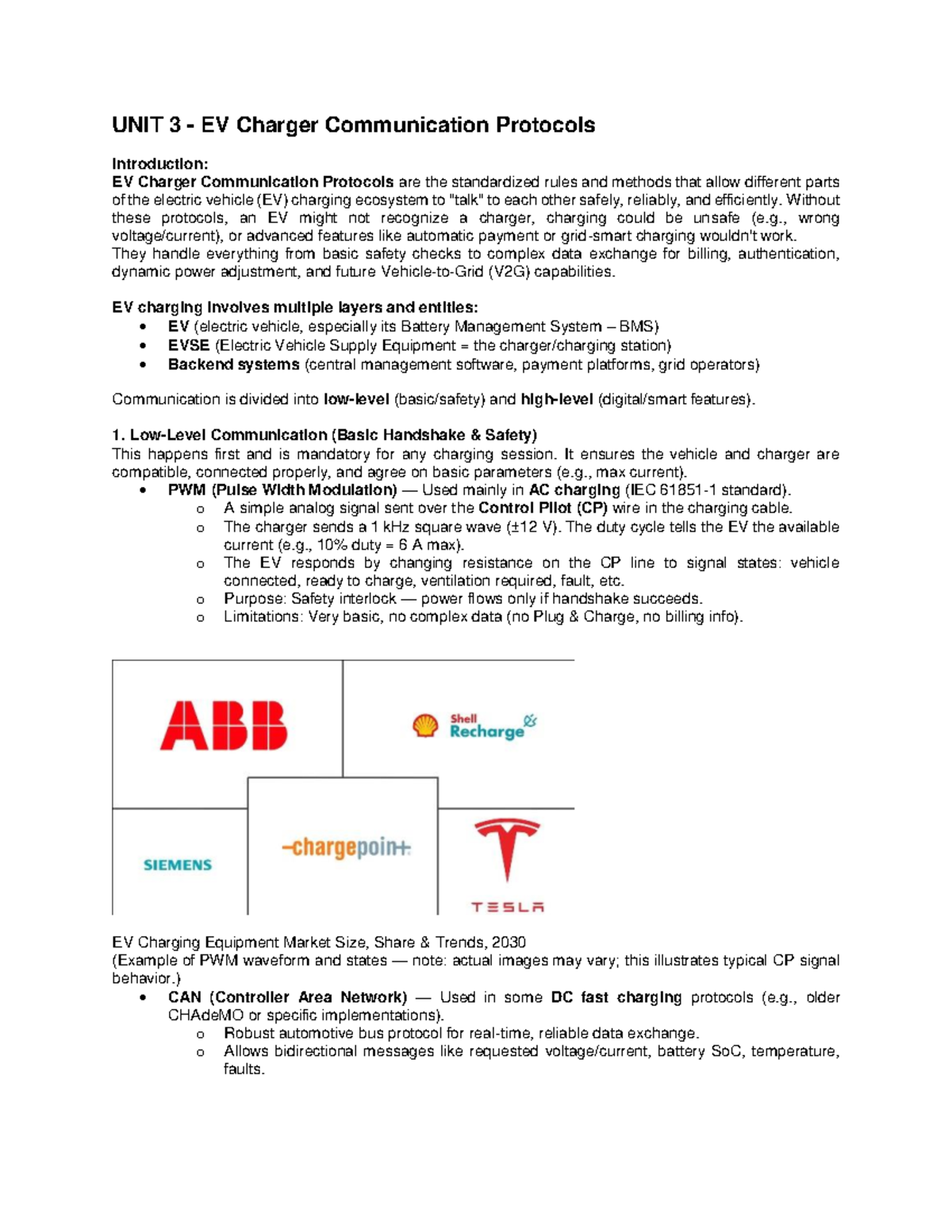 CIEV UNIT 3 - Overview of EV Charger Communication Protocols - Studocu