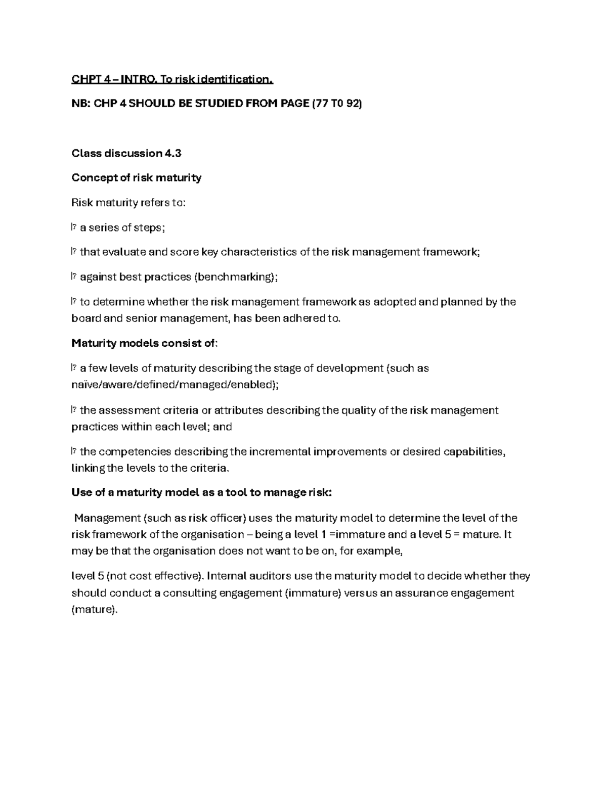 Class discussions (chp 4 ; 6 and 8) - CHPT 4 – INTRO. To risk ...