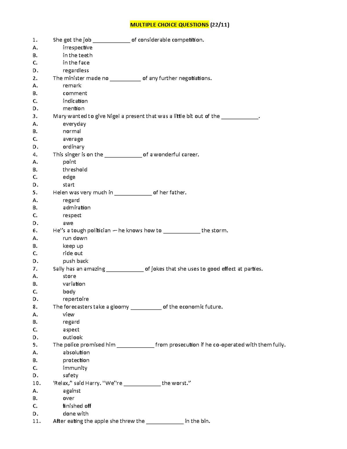 Multiple Choice Questions for English 11 - 12431 - Studocu