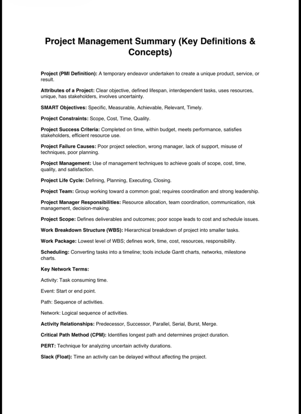 PMI Project Management Summary: Key Concepts & Definitions - Studocu