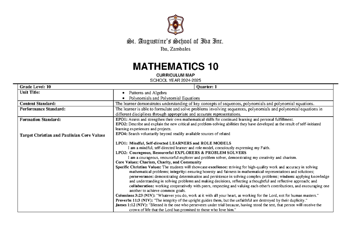 Curriculum Map for 1st Quarter - Math 10 (SY 2024-2025) - Studocu