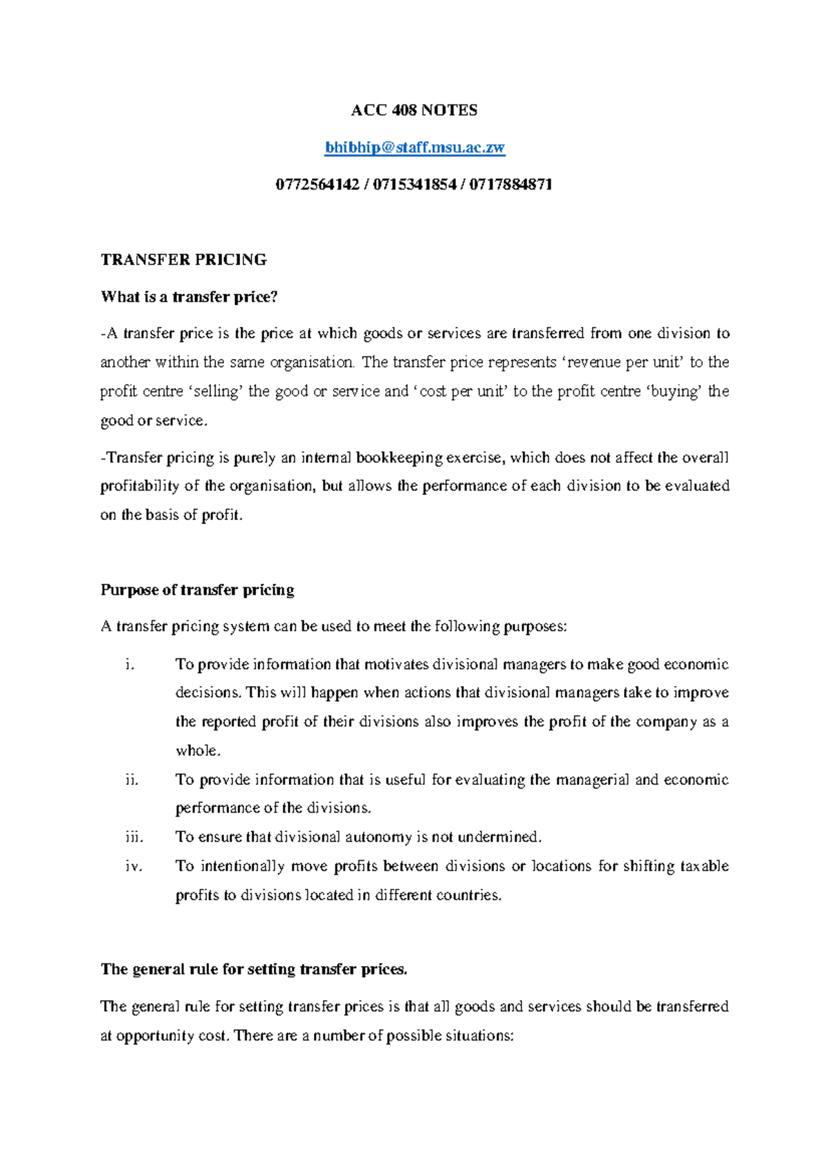 ACC 408 Transfer Pricing Study Notes with Practical Examples - Studocu