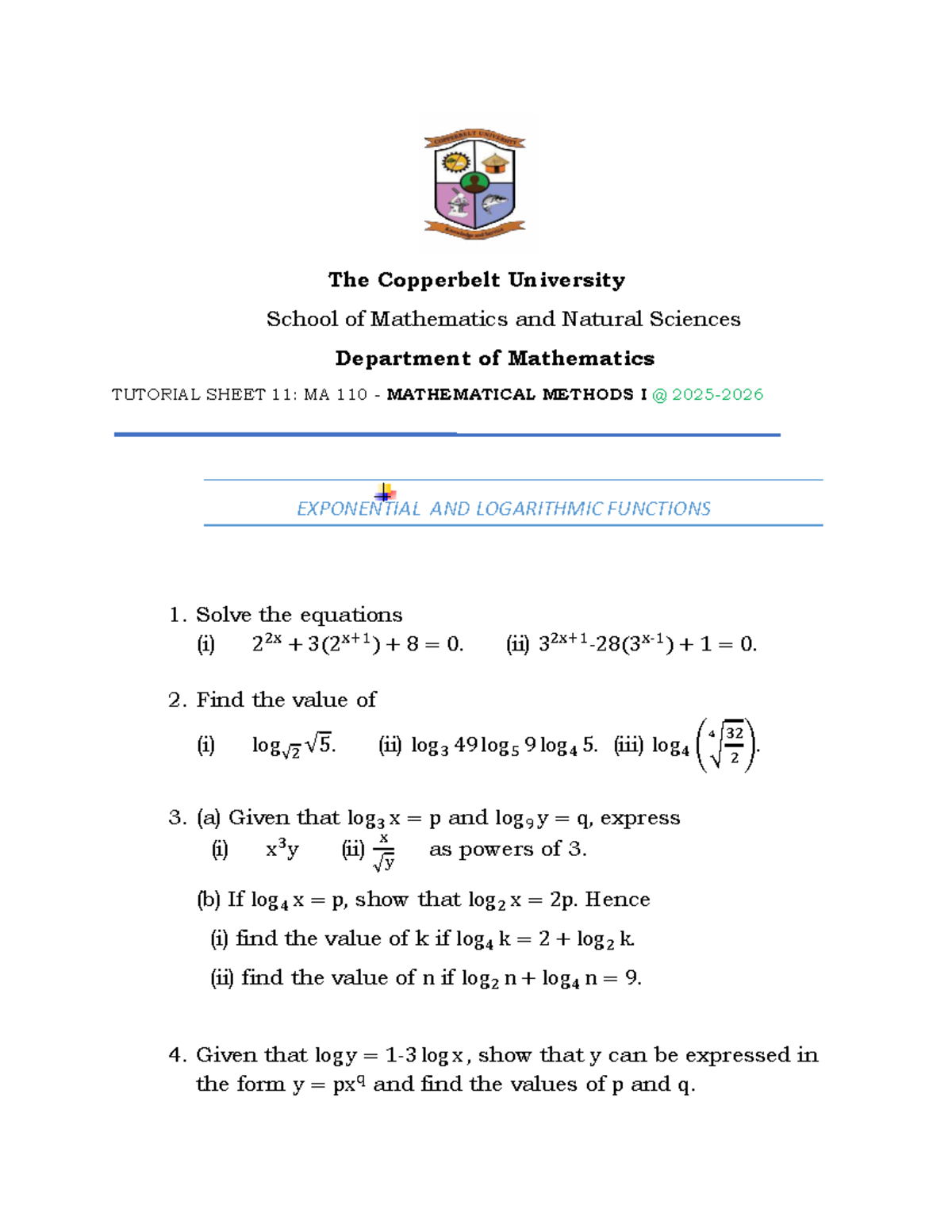 MA 110 Tutorial Sheet 11: Exponential & Logarithmic Functions - Studocu
