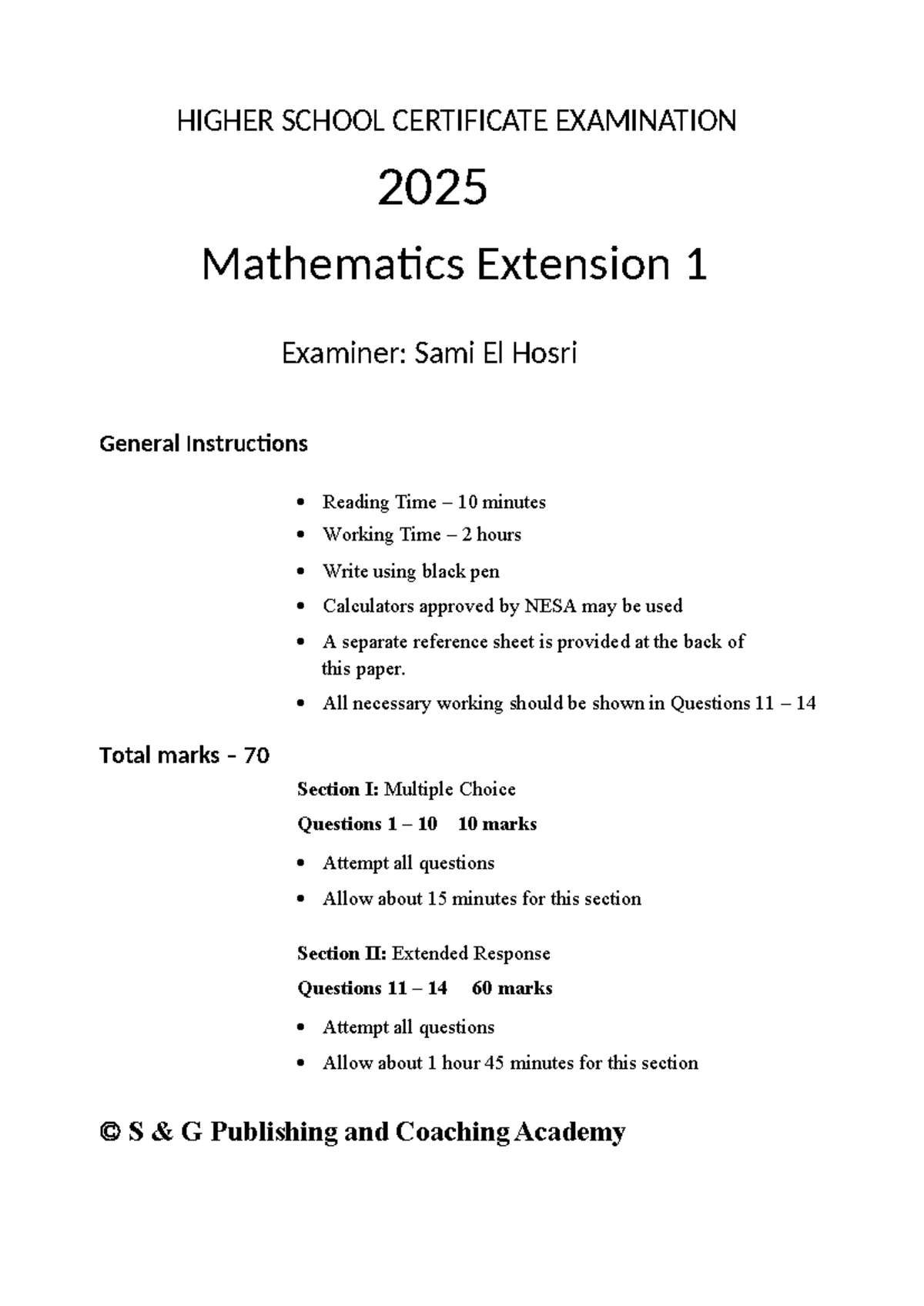 2025 HSC Mathematics Extension 1 Year 12 Exam Paper - Studocu