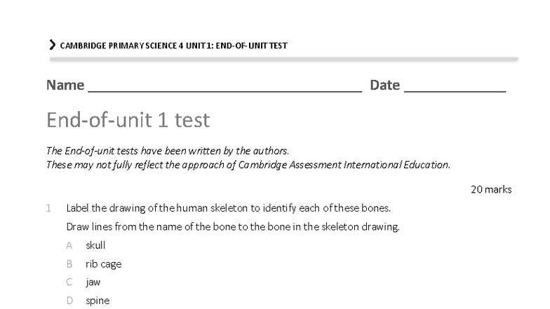 CAMBRIDGE PRIMARY SCIENCE 4 UNIT 1: END-OF-UNIT TEST - Studocu