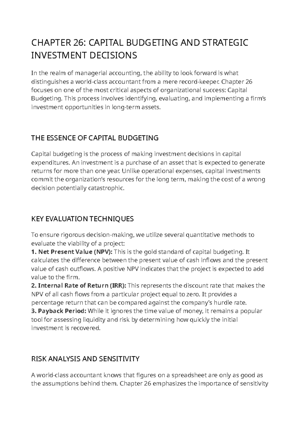 CHAPTER 26: CAPITAL BUDGETING & STRATEGIC INVESTMENT DECISIONS - Studocu