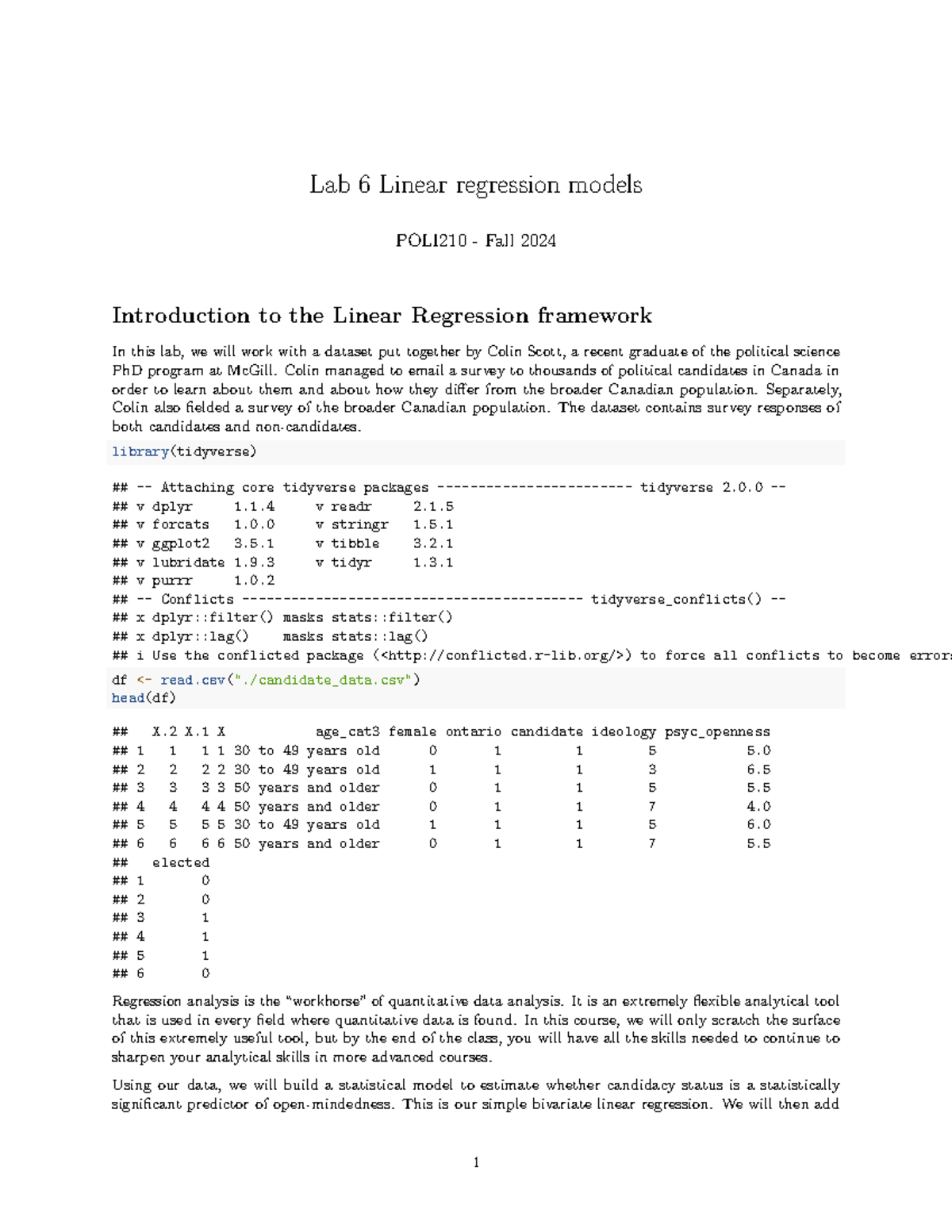 Lab6 Introduction to linear regression - Lab 6 Linear regression models ...