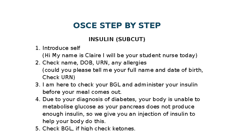 OSCE STEP: Insulin Administration Procedure Guide - Studocu
