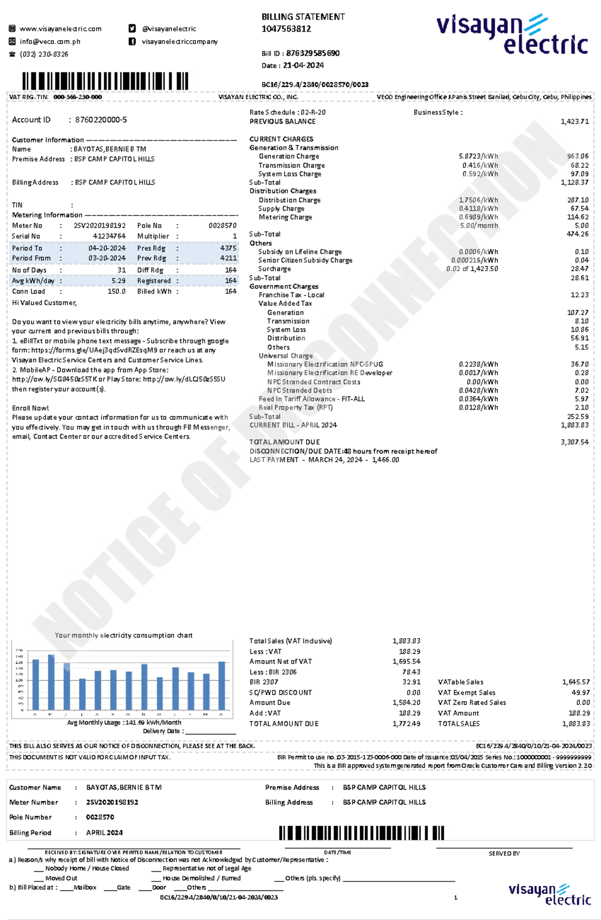 Billing Statement for Electric Service - April 2024 - Account ID ...
