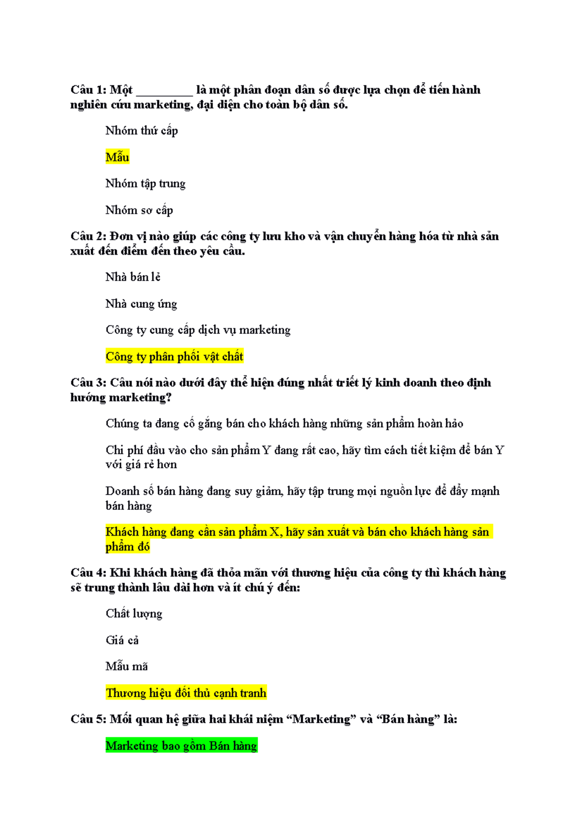 Câu hỏi trắc nghiệm Nguyên lý Marketing - NLM 2023 - Document Preview