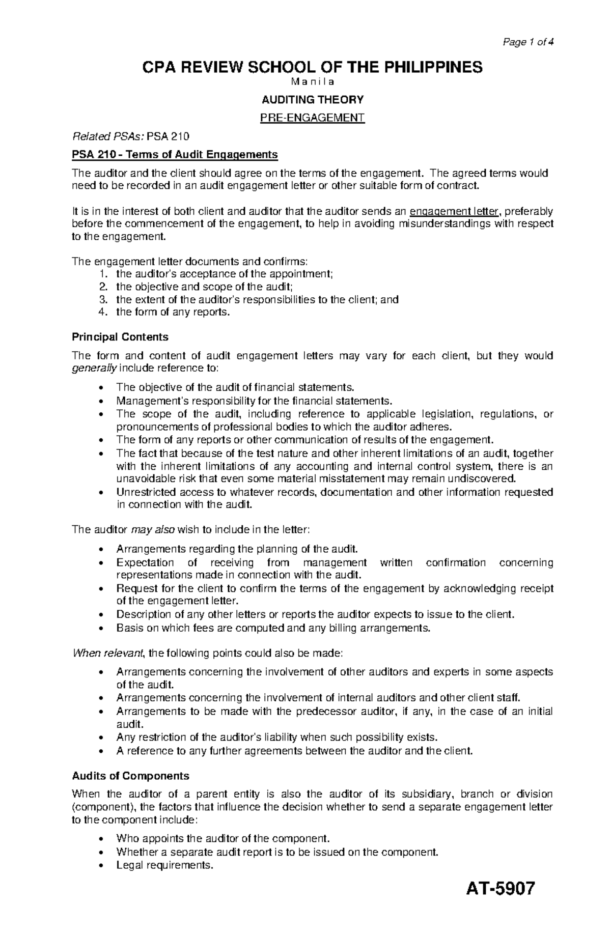 AT 11 Auditing Theory Pre-Engagement Notes and Guidelines - Studocu