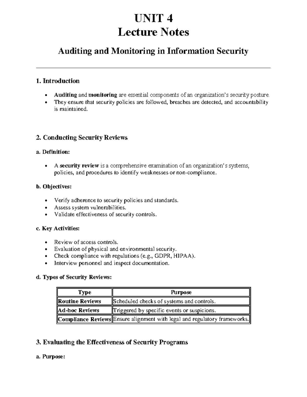 Unit 4 Lecture Notes: Auditing & Monitoring in Info Security - Studocu