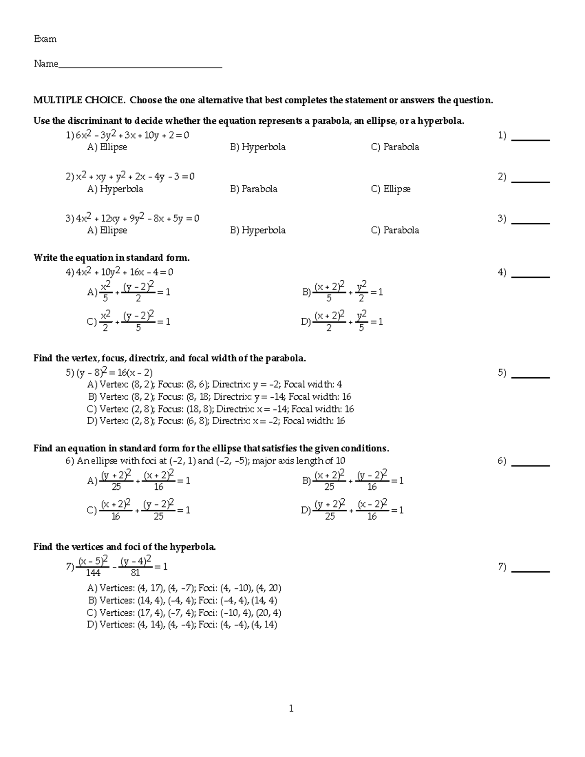 Chapter 8 Practice Test 2425: Conics and Their Properties - Studocu