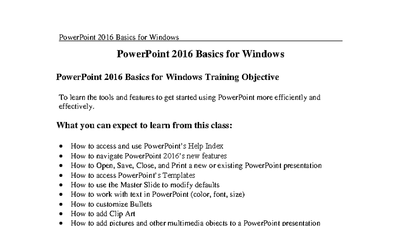 PowerPoint 2016 Basics for Windows: Essential Training Guide - Studocu