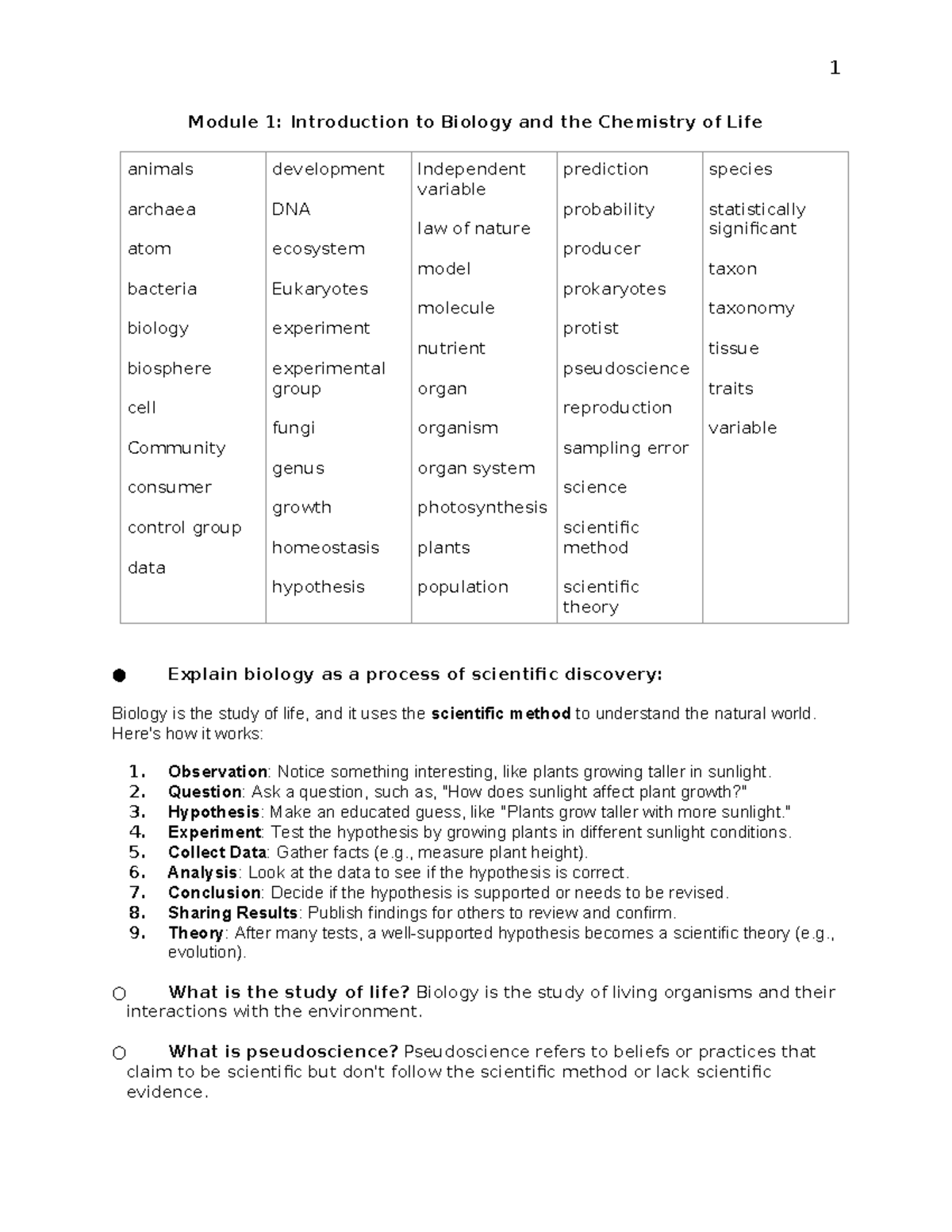 BIO 189 - Midterm Study Guide: Key Concepts in Biology and Ecology ...