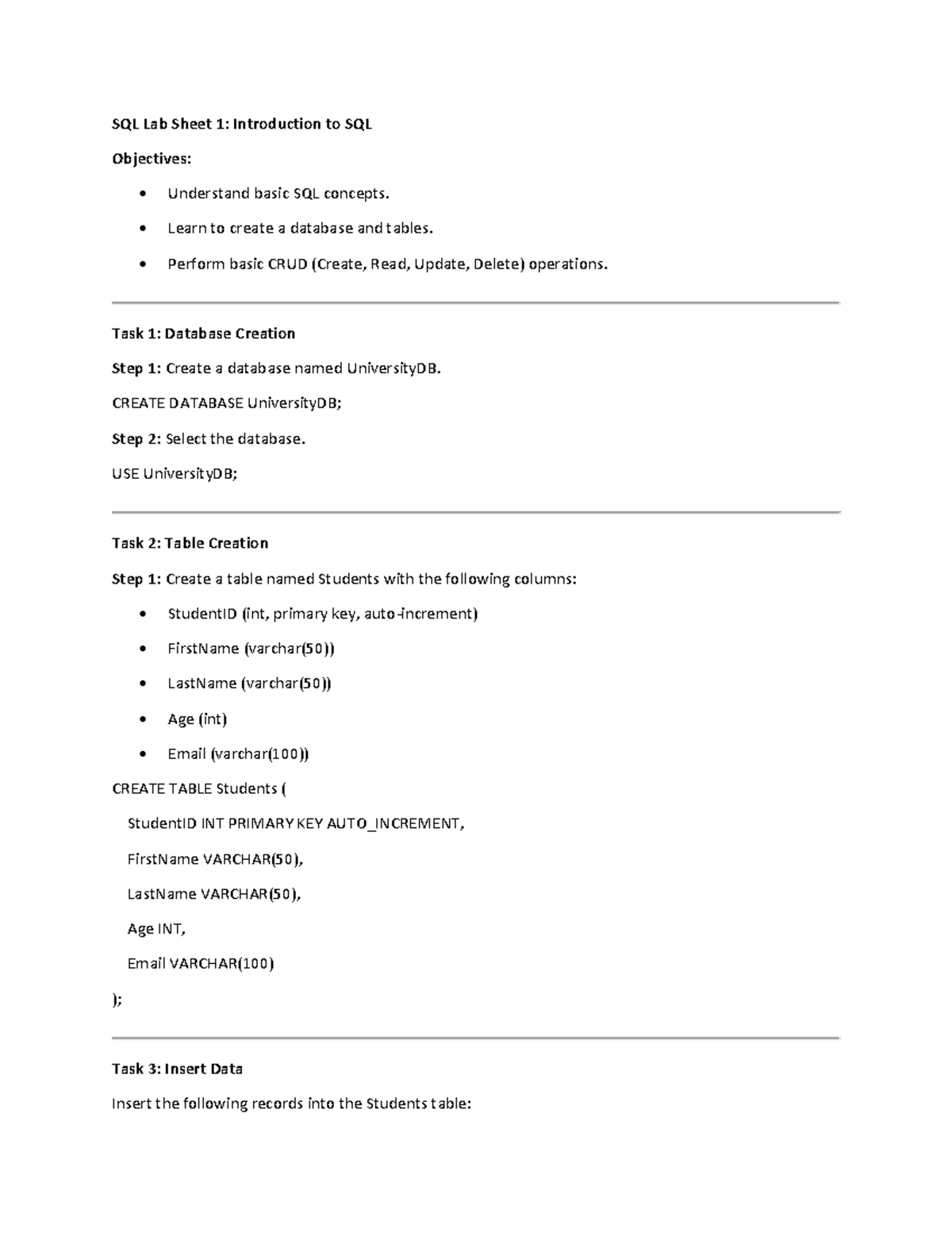 SQL Lab Sheet 1: Intro to SQL & Database Operations - CCV - Studocu