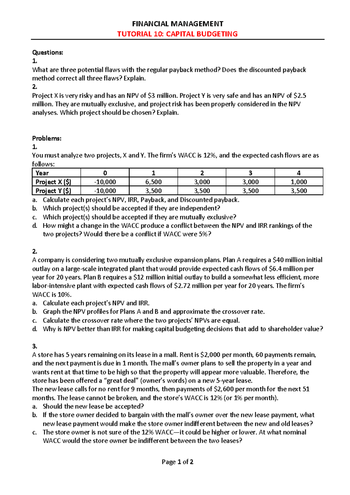 FINANCIAL MANAGEMENT TUTORIAL 10: CAPITAL BUDGETING Analysis and ...
