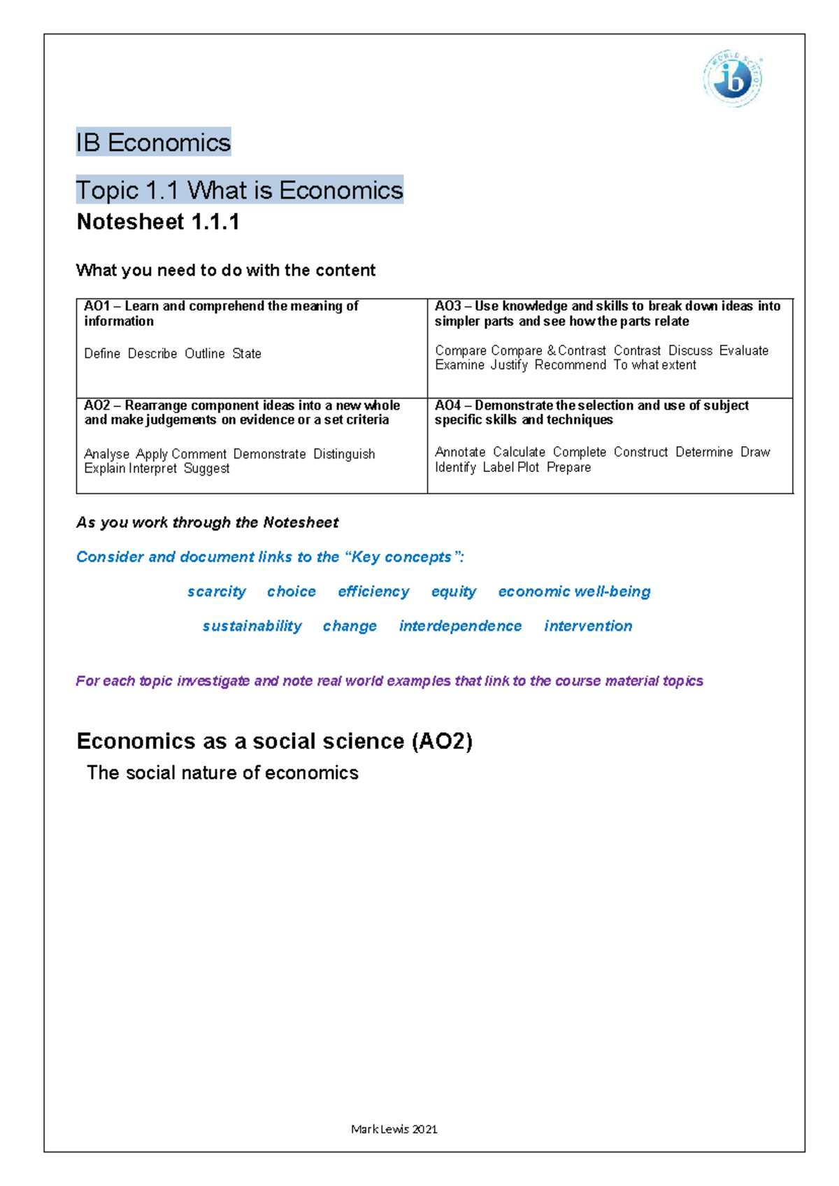 IB Economics Topic 1.1: Understanding Economics Notesheet - Studocu
