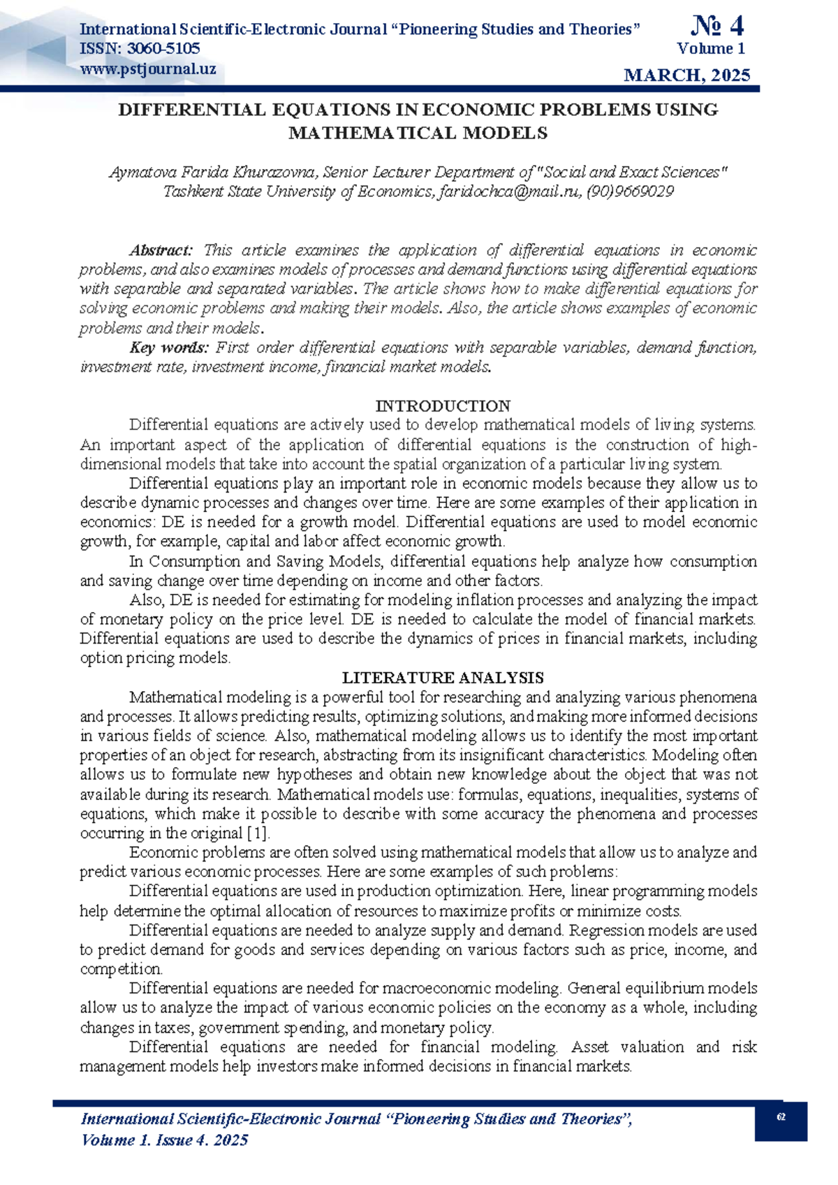 Differential Equations in Economic Problems: A Mathematical Model Study ...